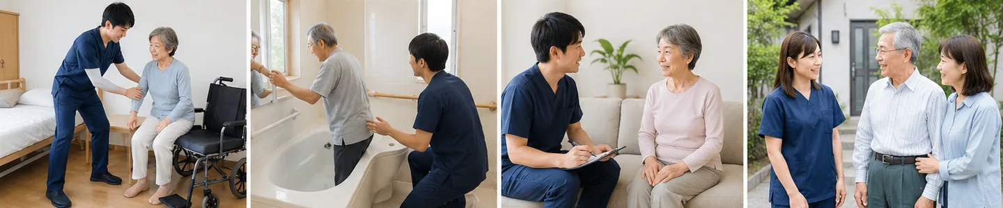 起き上がり、入浴動作、住環境、ご家族への助言など在宅リハビリ支援の例